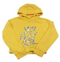 Žltá crop mikina s nápisom a kapucňou