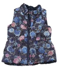 Tmavomodrá kvetovaná šušťáková zateplená vesta H&M