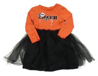 Oranžovo-čierne bavlněno/tylové šaty s nápisom Tu