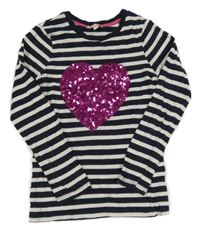 Tmavomodro-bílé pruhované triko se srdcem z flitrů Bluezoo