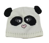 Bielo-čierna pletená čapica s bambulemi - panda