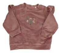 Staroružová zamatová mikina s kvietkami a volánikmi