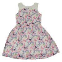 Bielo-farebné šifónové šaty s motýlikmi a krajkovými ramínky