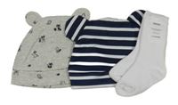 Nové - 3set - Tmavomodro-bílá pruhovaná + šedá pruhovaná čepice se zvířátky + bílé ponožky