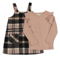 2set - Černo-starorůžové kostkované vlněné šaty + světlerůžové žebrované triko s volánky F&F