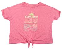 Kriklavoě korálové melírované crop tričko s nápismi a slniečkom a uzlom M&S