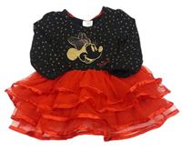Čierno-červené bavlněno/tylové šaty s 3D Minnie a hviezdičkami Disney