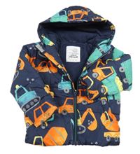 Tmavomodrá prešívaná šušťáková zimná bunda s autami a stavebními stroji a kapucňou zn. Nutmeg