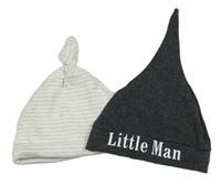 2x - Čepice - Bílo/šedá pruhovaná M&S, tmavošedá melírovaná s nápisem 