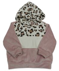 Starorůžovo-biela plyšová mikina so vzorom a kapucňou SHEIN