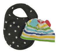 2Set - Bílo-barevná pruhovaná čepice s oušky H&M + tmavošedý bryndák s hvězdičkami F&F