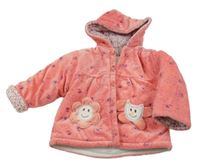 Růžový květovaný sametový zateplený kabátek s kapucňou