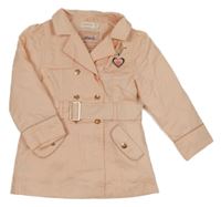 Broskvový třpytivý šusťákový jarní zateplený kabát s ptáčkem a srdíčkem a límečkem a páskem ORCHESTRA