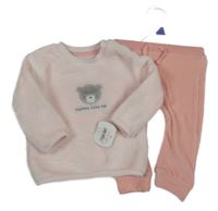 Nové - 2Set - Světlerůžová chlupatá mikina s medvídkem + růžové žebrované plyšové tepláky little nutmeg