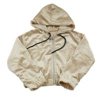 Svetlobéžová zamatová prepínaci crop mikina s kamienkami a kapucňou