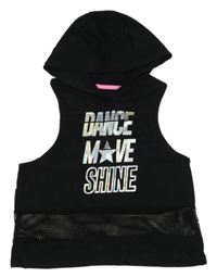 Černý crop top s nápisy a síťovinou a kapucí C&A