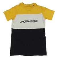 Tmavožluto-bielo-tmavomodré tričko s logom JACK&JONES