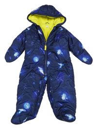 Tmavomodrá prošívaná šusťáková zimní kombinéza s planetami a raketami a kapucí Bluezoo