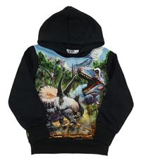 Černo-zelená mikina s dinosaury a kapucí