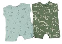 2x bavlněný kraťasový overal s dinosaury - světlemodrý + khaki George