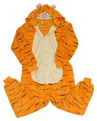 Oranžovo-krémová chlupatá kombinéza s kapucí - Tygr