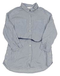 Bielo-modré pruhované prepínaci košeľové šaty s opaskom Zara