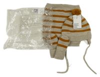 Nové - 3set - Béžovo-hnedá pruhovaná čapica s bambulí + nákrčník + rukavice H&M
