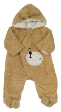 Hnědá chlupatá podšitá kombinéza s medvědem a kapucí