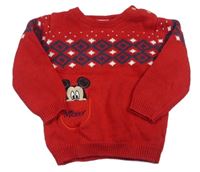 Červeno-modrý vzorovaný sveter s Mickeym Disney