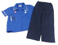 Kostým - 2 set - modré propínací polo tričko s potiskem + tmavomodré kalhoty - zdravotní sestra 