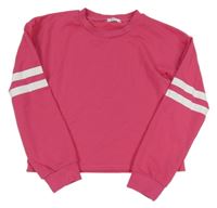 Ružová crop mikina s bílými pruhy na rukávech