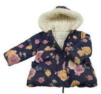 Tmavomodro-barevná květovaná šusťáková zimní bunda s kapucí s kožešinou George
