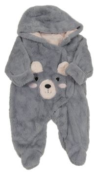 Sivá kožušinová podšitá kombinéza s medvěďom a kapucňou Pep&Co