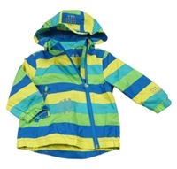 Zeleno-modro-žlutá pruhovaná šusťáková jarní bunda s kapucí Tchibo