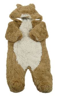 Hnedo-biela kožušinová zateplená kombinéza s kapucí - medvěď