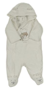 Biela zamatová rebrovaná zateplená kombinéza s medvídkem Pú a kapucňou C&A