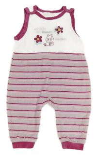 Ružovo-bielo-sivé pruhované zamatové na traké tepláky s výšivkami