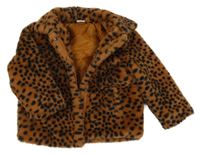 Hnedo-čierny kožušinový podšitý kabát s leopardím vzorom HEMA