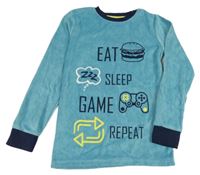 Svetlomodré zamatové pyžamové tričko s nápismi a obrázkami