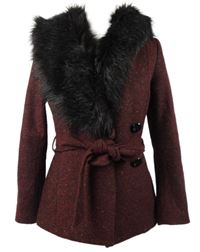 Dámský vínový melírovaný vlněný krátký kabát s kožíškem s páskem H&M