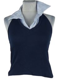 Nové - Dámský tmavomodrý žebrovaný crop top s halenkovým límečkem Stradivarius