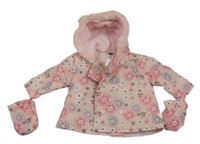 Světlerůžová květinová šusťáková zimní bunda s kapucí+ rukavice M&Co.