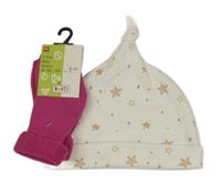 2set- biela bavlnená čapica s hvězdami+ rubínové teplákové ponožky