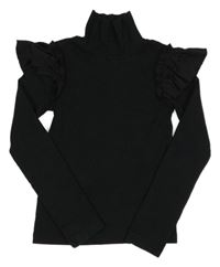 Černé žebrované triko s volánky a rolákem TU 