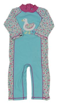 Světlemodro-bílý UV overal s husičkou a kytičkami Jojo Maman Bébé