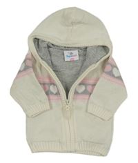 Bílo-růžovo-šedý podšitý propínací svetr se srdíčky a kapucí Topomini