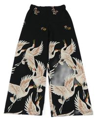 Čierno-farebné ľahké wide leg nohavice s ptáky a kvetinami