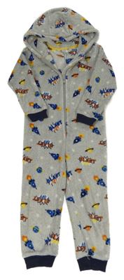 Šedá chlupatá kombinéza s raketami a kapucí