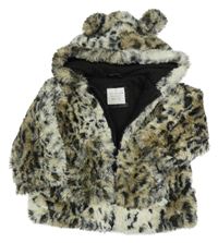 Béžovo-hnedá leopardí kožušinová bunda s kapucňou Matalan