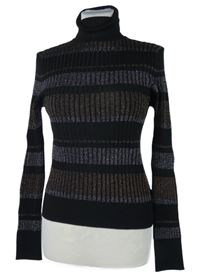 Dámsky čierno-stříbrno-bronzový rebrovaný sveter s rolákom